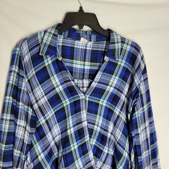 Gap Women's Long Sleeve Shirt Blue White Plaid Elastic Waist V Neck Size Medium - Picture 2 of 7